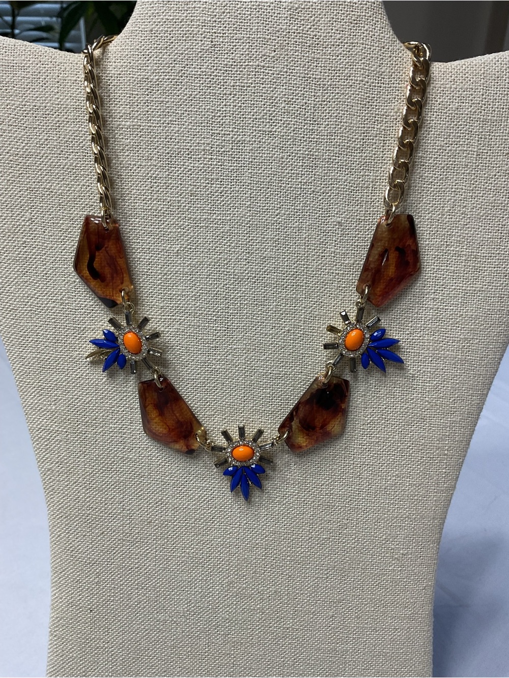 Gold-Tone Floral Accent Necklace with Amber and Cobalt Details